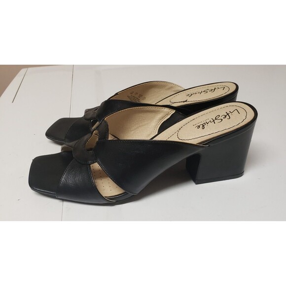 Life Stride Soft System Open Toe Leather Block Heel Black Sandals Sz 10 M PO Exc - Picture 10 of 13
